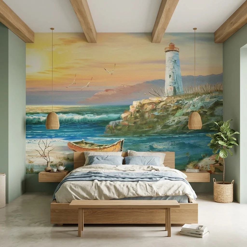 Keeper & Tide coastal lighthouse seascape wallpaper in a warm and inviting living room