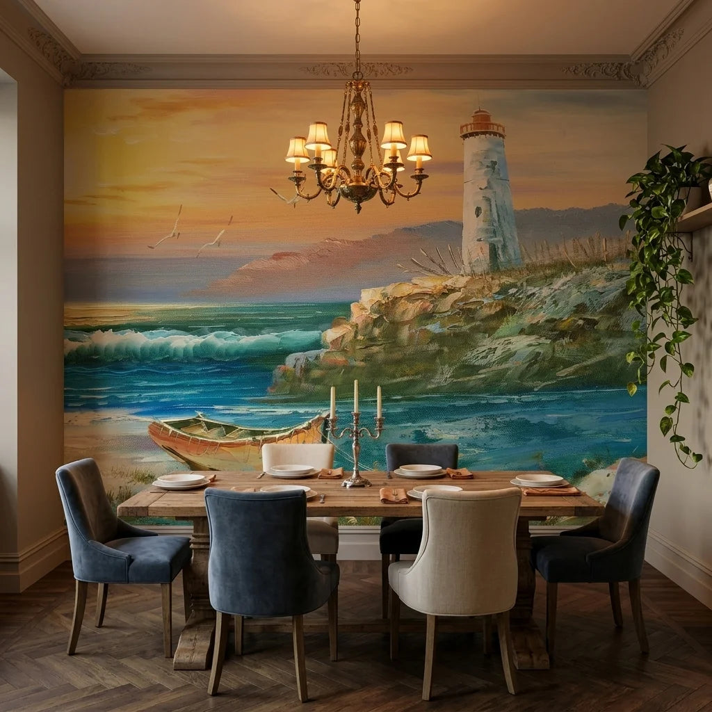 Keeper & Tide coastal lighthouse seascape wallpaper adding character to a cozy bedroom
