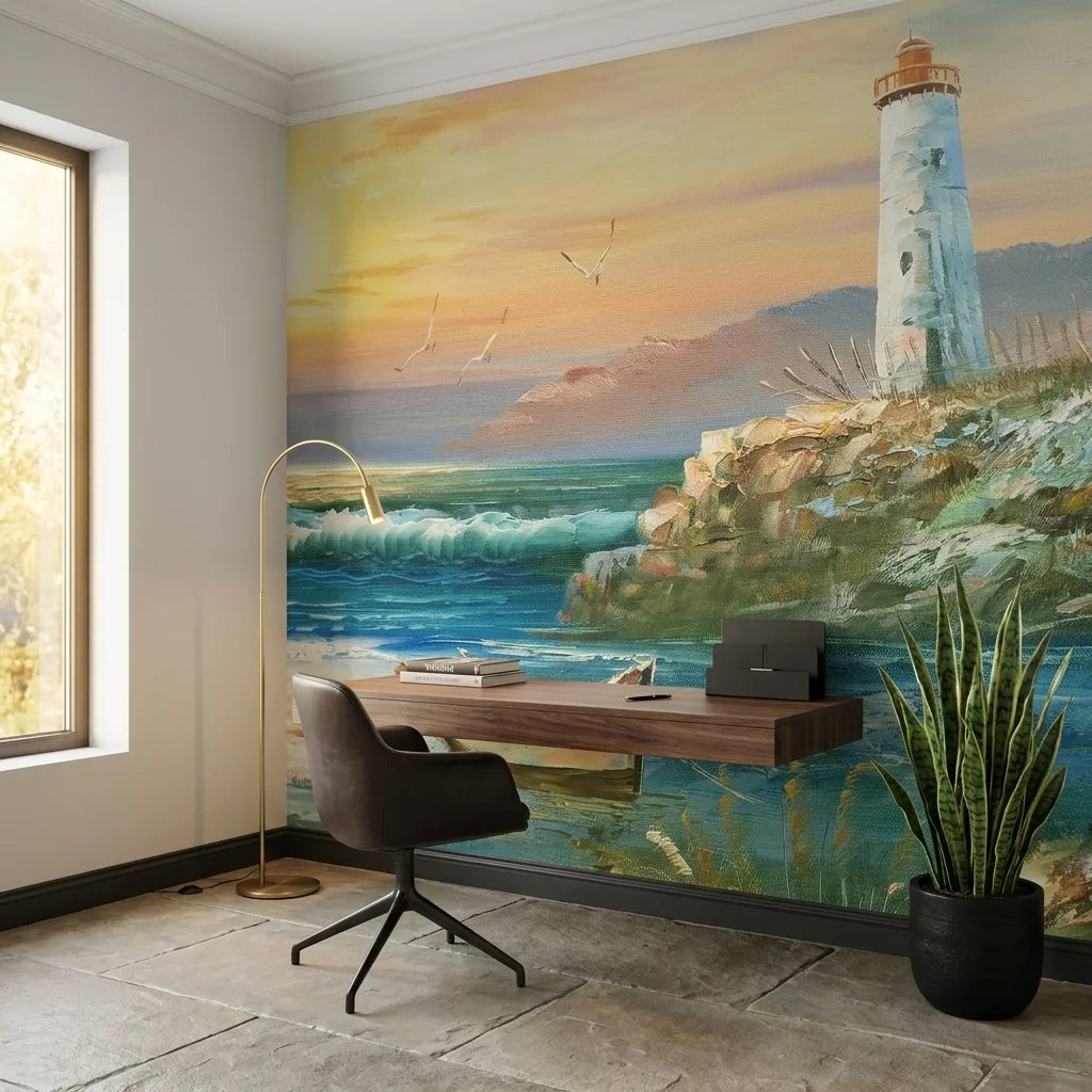 Keeper & Tide coastal lighthouse seascape wallpaper as a feature wall in a bright home office