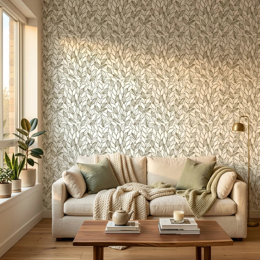 Khaki Leaf botanical wallpaper with sage green foliage pattern on living room accent wall
