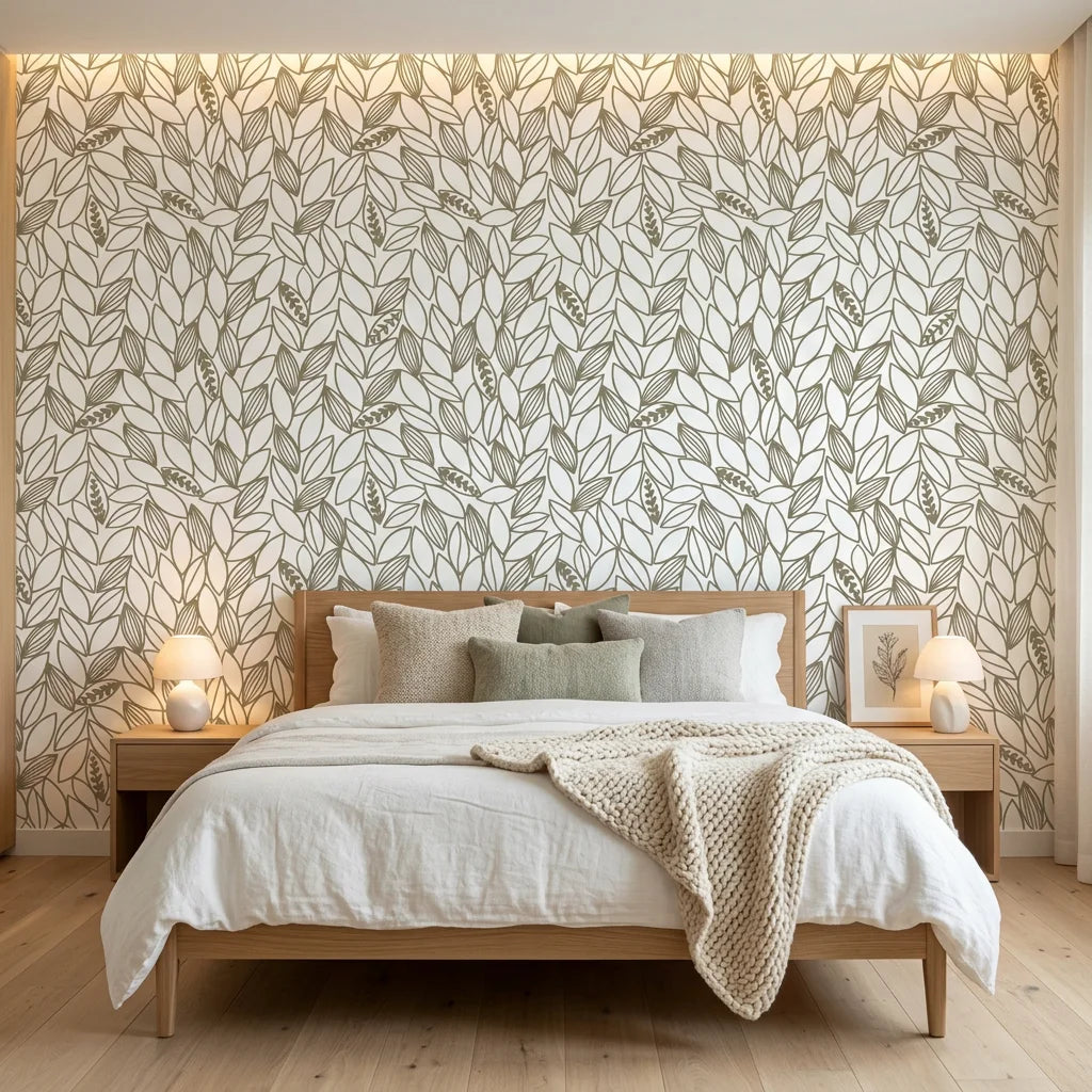 Khaki Leaf botanical wallpaper featuring olive green stems and berries on cream bedroom accent wall