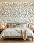 Khaki Leaf botanical wallpaper featuring olive green stems and berries on cream bedroom accent wall