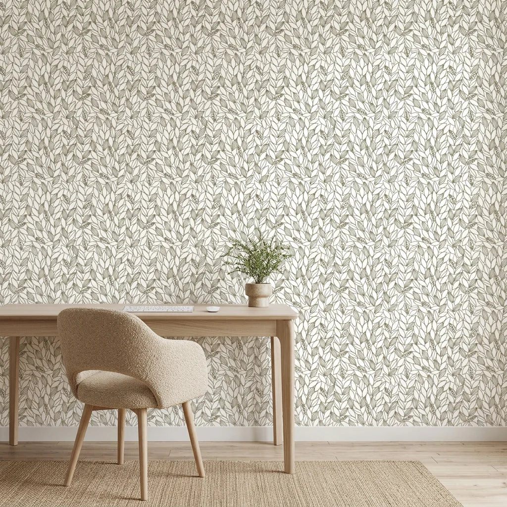 Khaki Leaf removable wallpaper on minimalist home office wall with natural wood desk and chair