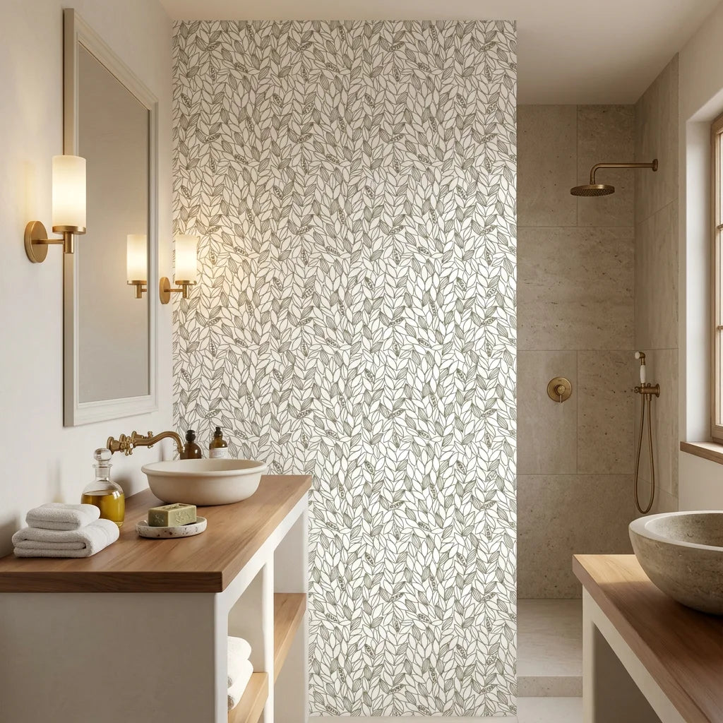 Taupe and cream Khaki Leaf peel and stick wallpaper in modern spa bathroom with natural lighting