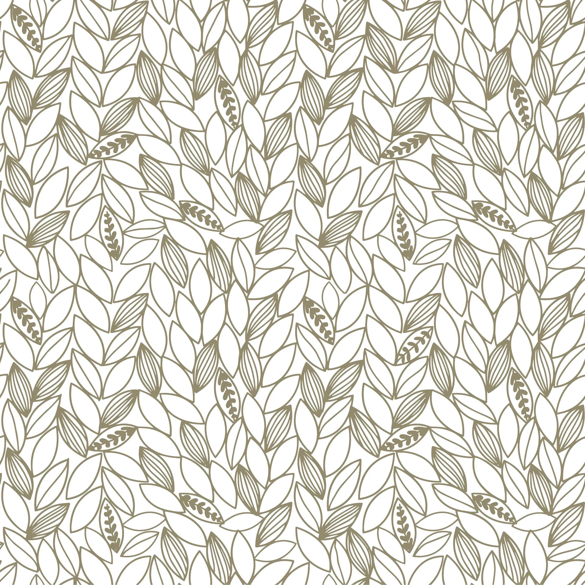 Botanical Khaki Leaf wallpaper with hand-drawn foliage in warm taupe tones on white background