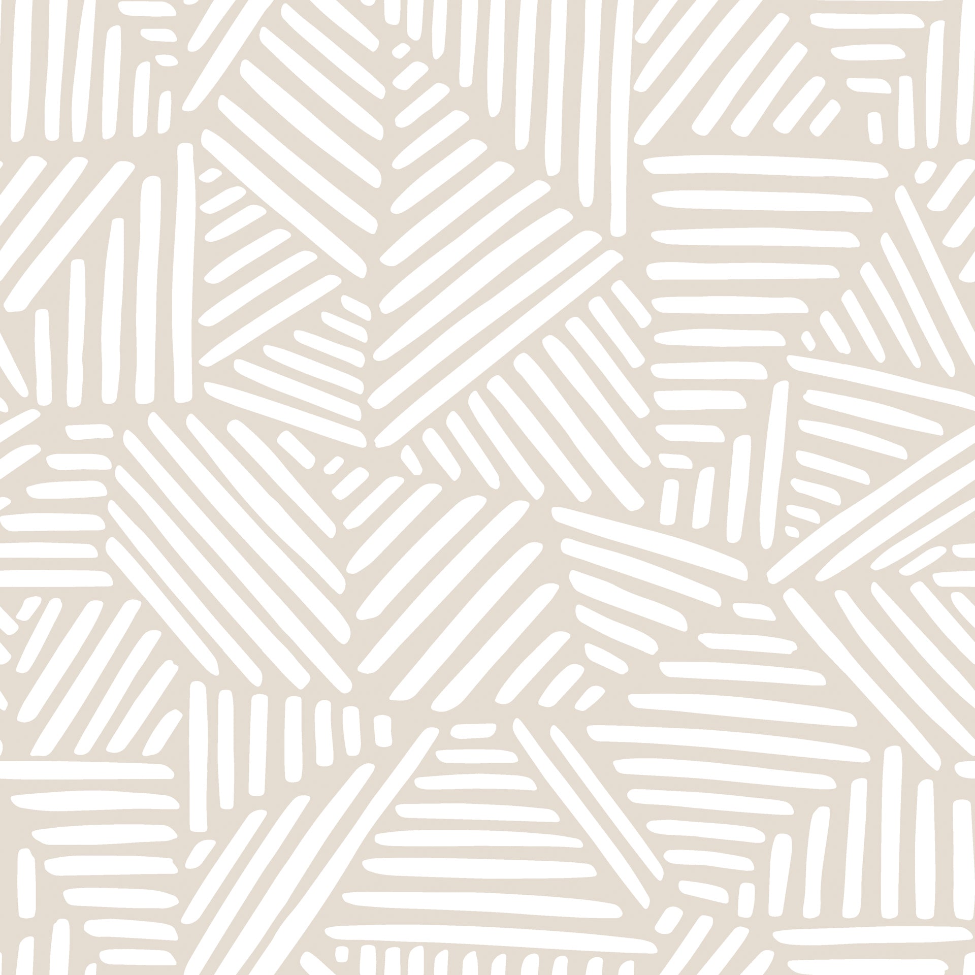 Neutral beige wallpaper with repeating hand drawn geometric blocks made of white linear brush strokes.