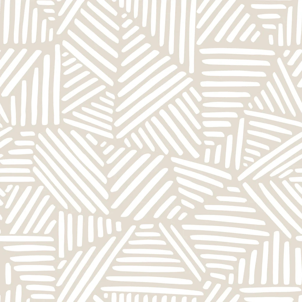 A continuous wall covering featuring hand-illustrated geometric shapes outlined in white, thin brush strokes against a light beige background