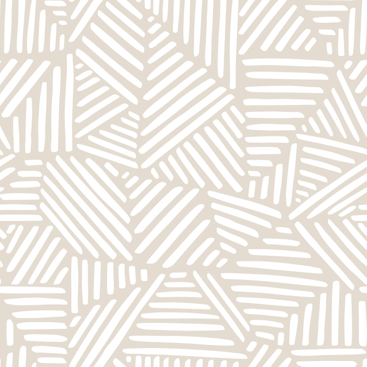 A continuous wall covering featuring hand-illustrated geometric shapes outlined in white, thin brush strokes against a light beige background