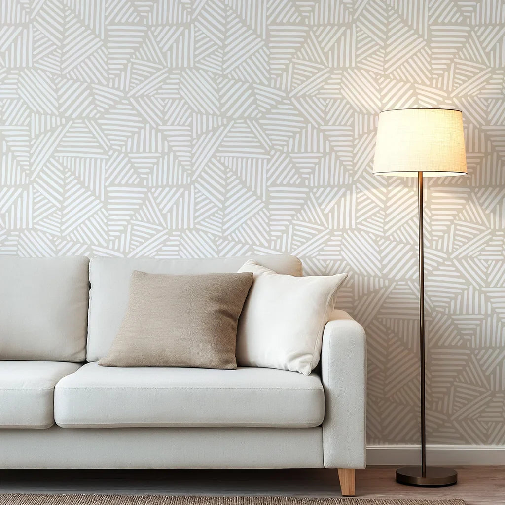 Wall covering design in neutral beige, displaying repeating white geometric blocks created from linear brushwork