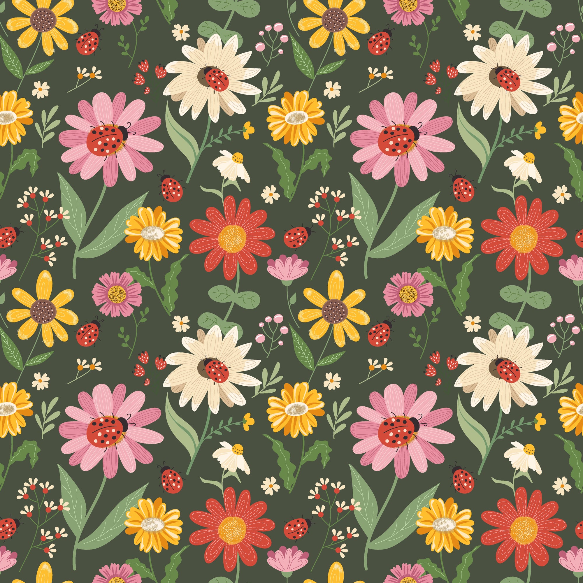 Textured wildflower and ladybug peel and stick wallpaper - Ladybug Bloom