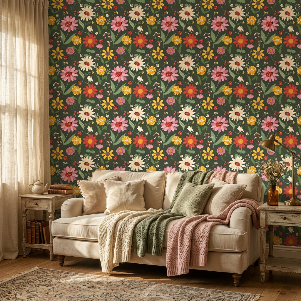 Ladybug Bloom green floral ladybug wallpaper in a warm and inviting living room