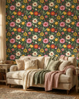 Ladybug Bloom green floral ladybug wallpaper in a warm and inviting living room