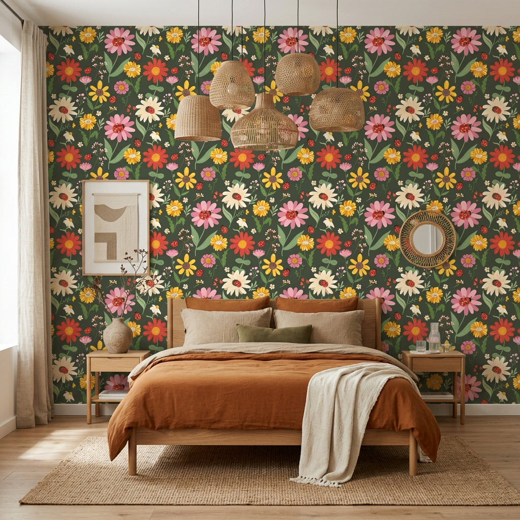 Ladybug Bloom green floral ladybug wallpaper adding character to a cozy bedroom