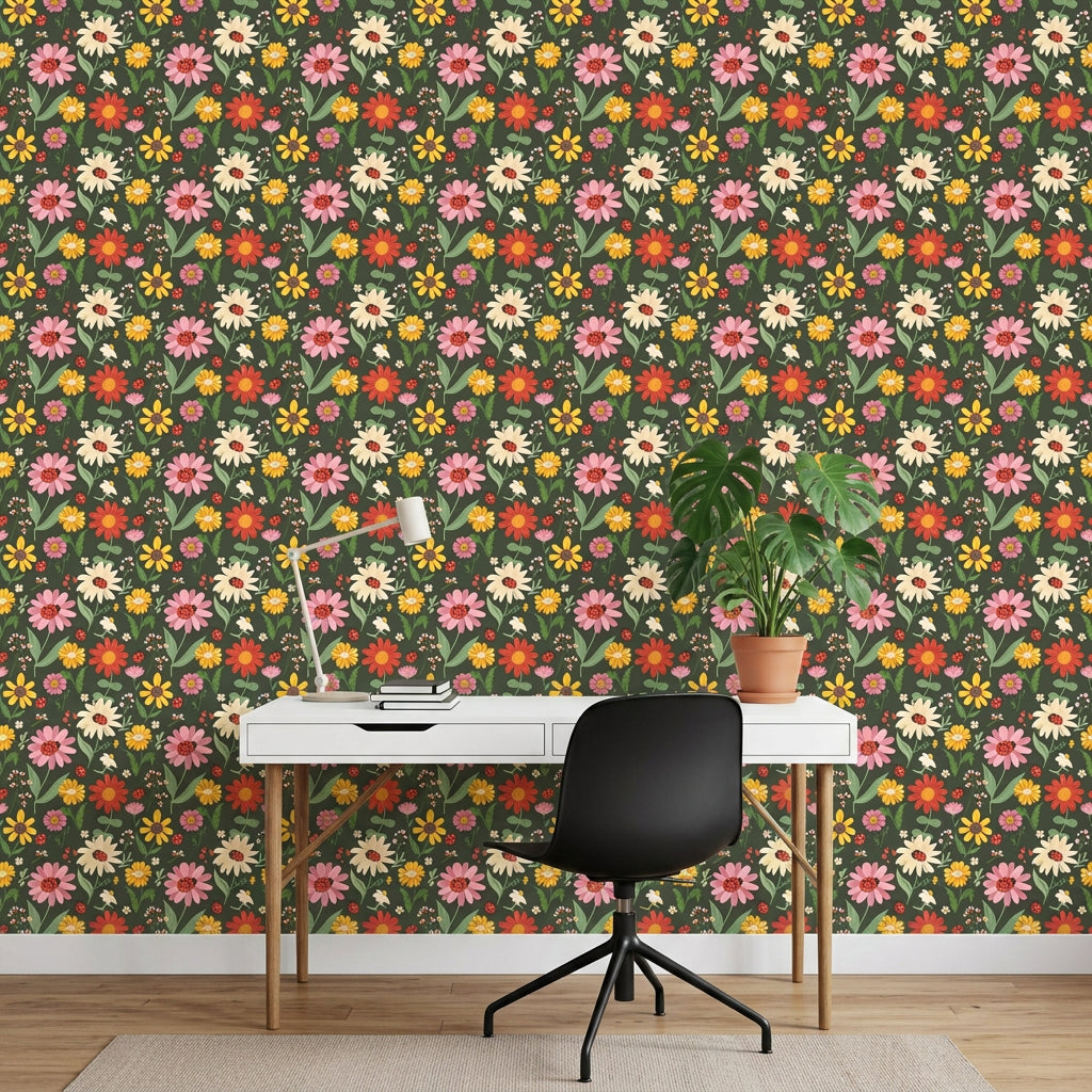 Ladybug Bloom green floral ladybug wallpaper as a feature wall in a bright home office