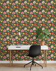 Ladybug Bloom green floral ladybug wallpaper as a feature wall in a bright home office
