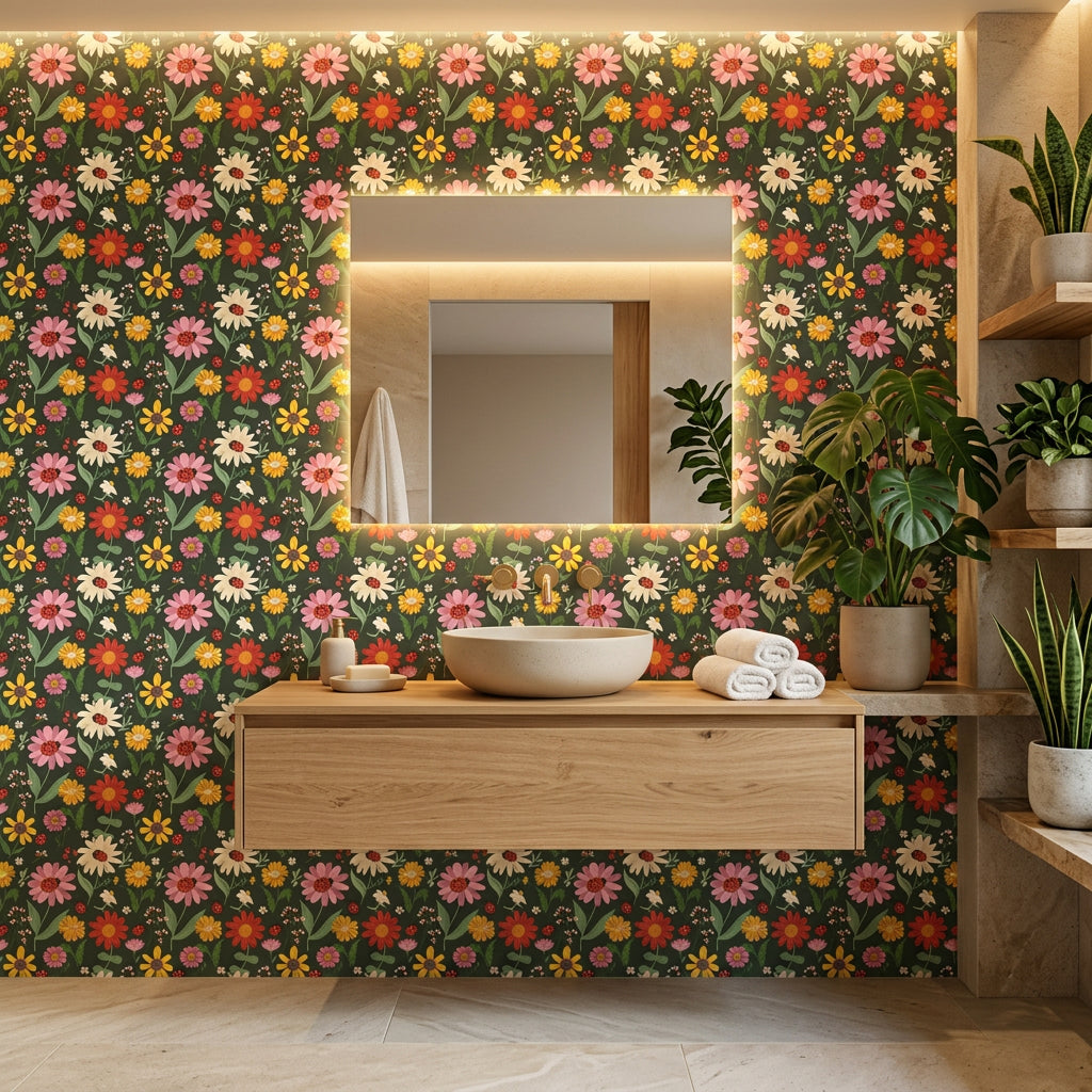 Ladybug Bloom green floral ladybug wallpaper creating ambiance in a serene bathroom