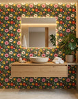 Ladybug Bloom green floral ladybug wallpaper creating ambiance in a serene bathroom