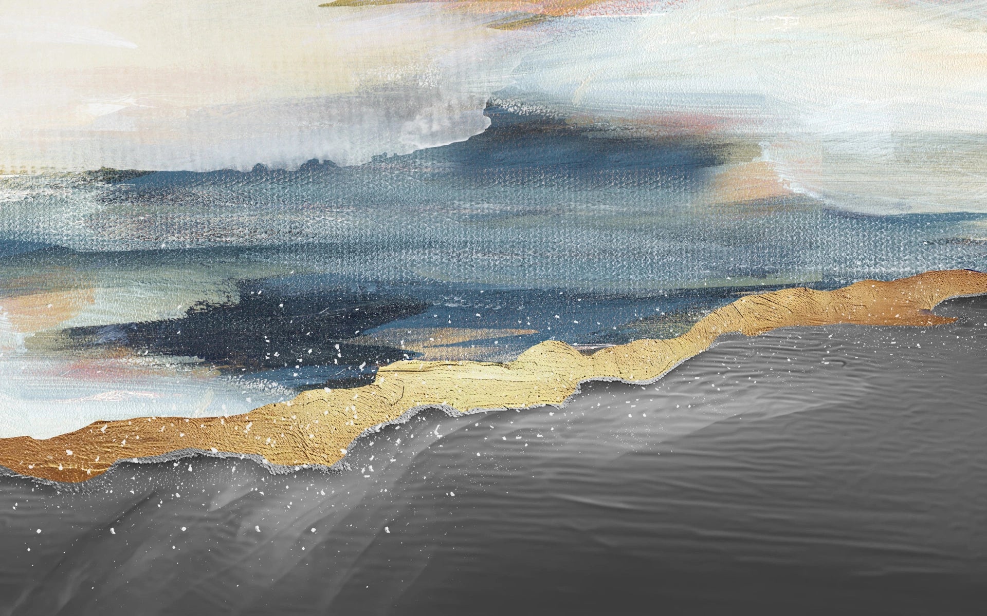 Abstract Landscape Gold wallpaper with navy blue, gold, and gray brushstroke layers in modern artistic style