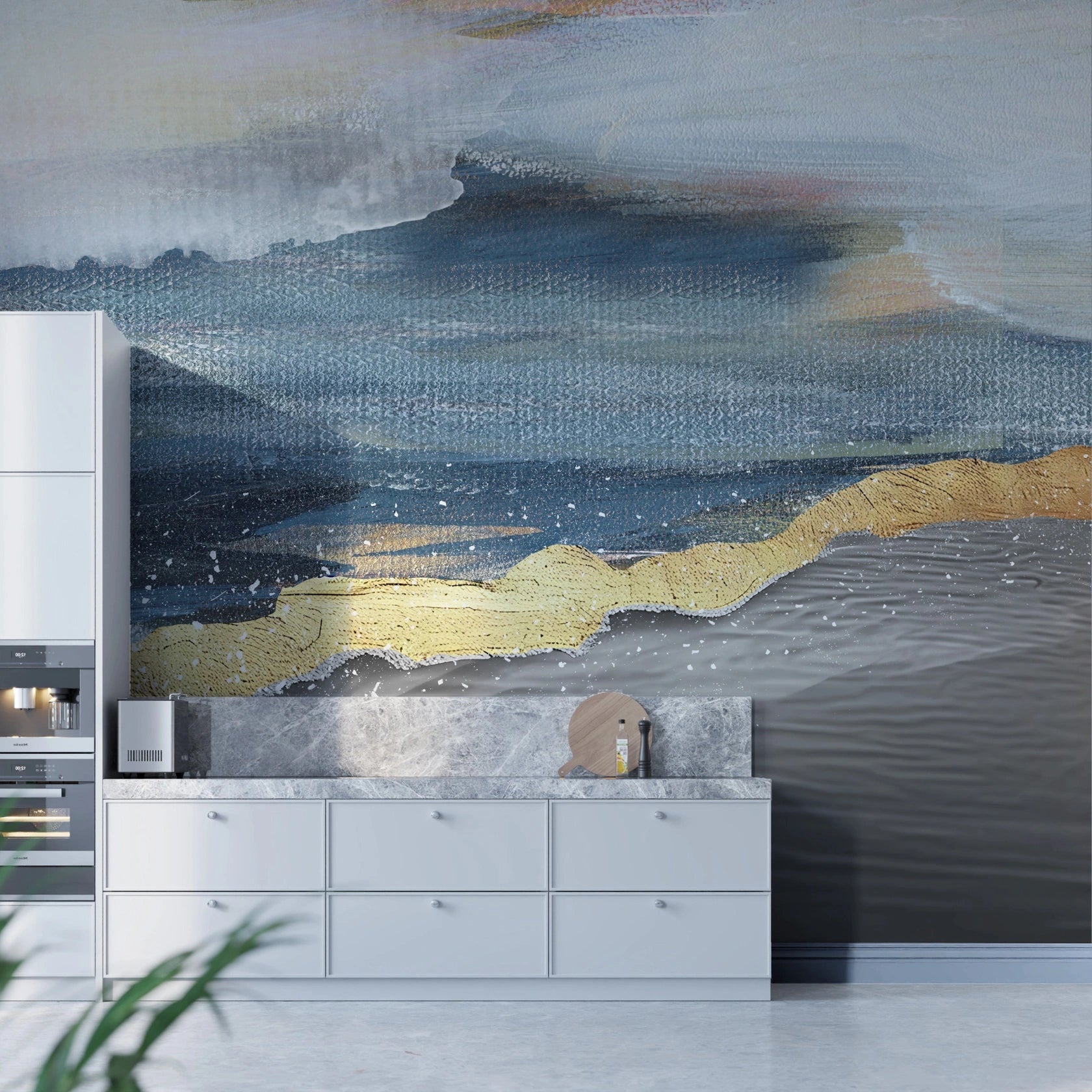 Abstract Landscape Gold wallpaper with navy blue and gold brushstrokes in modern white kitchen