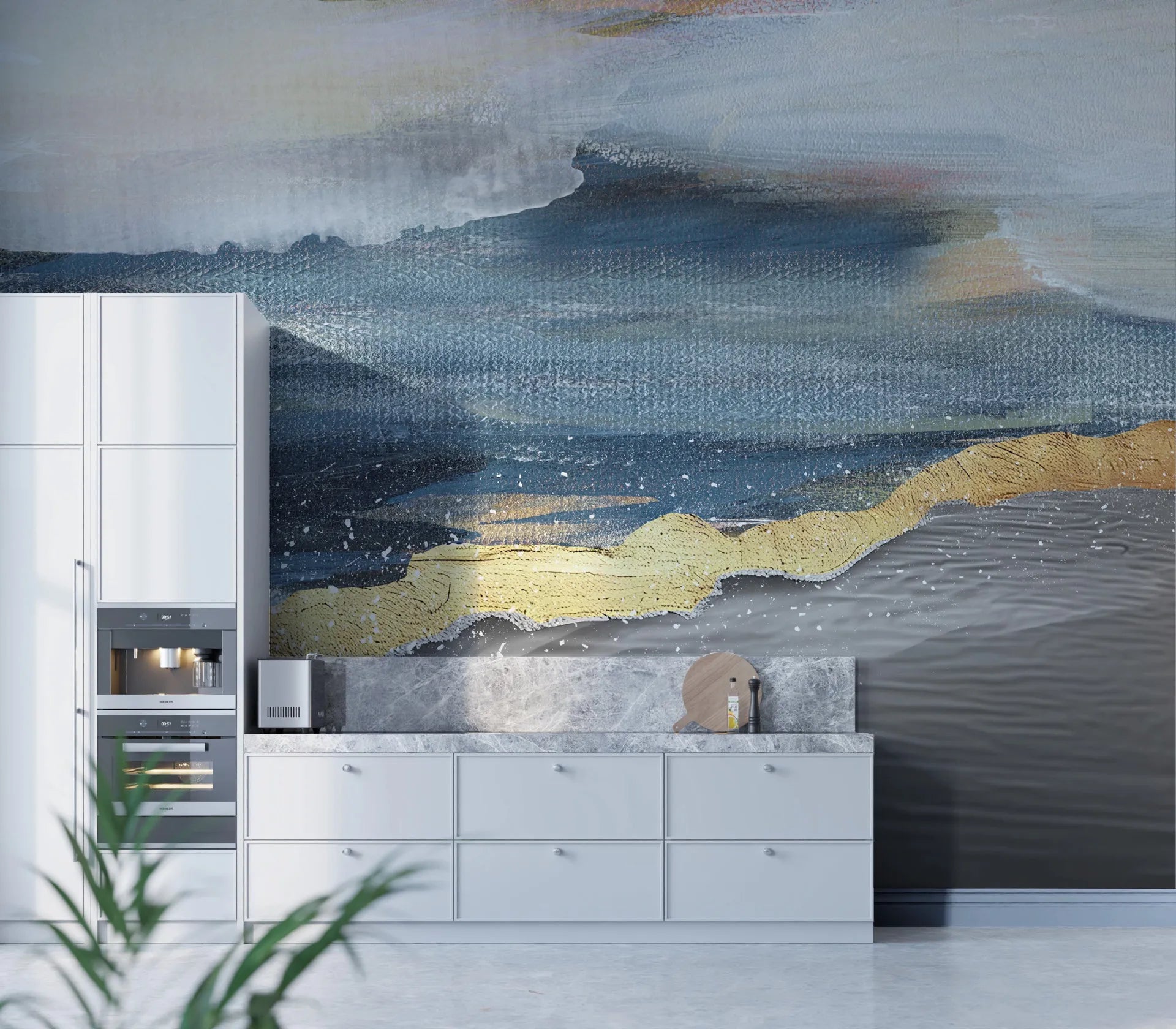 Landscape Gold abstract wallpaper with navy blue waves and gold accents in modern kitchen