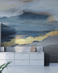 Abstract Landscape Gold wallpaper with navy blue and gold brushstrokes in modern white kitchen