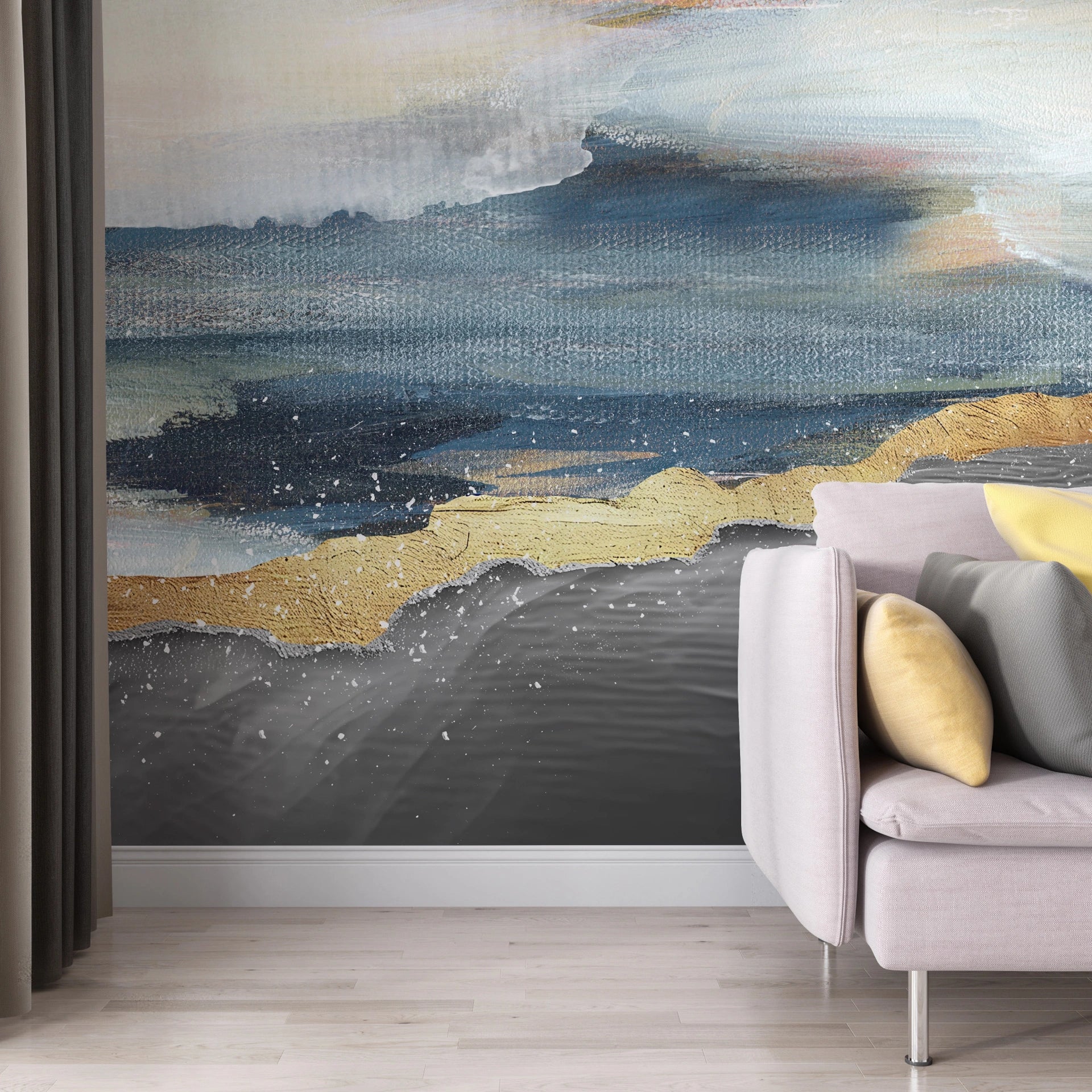 Abstract Landscape Gold wallpaper with navy blue layers and metallic gold accents on modern living room wall