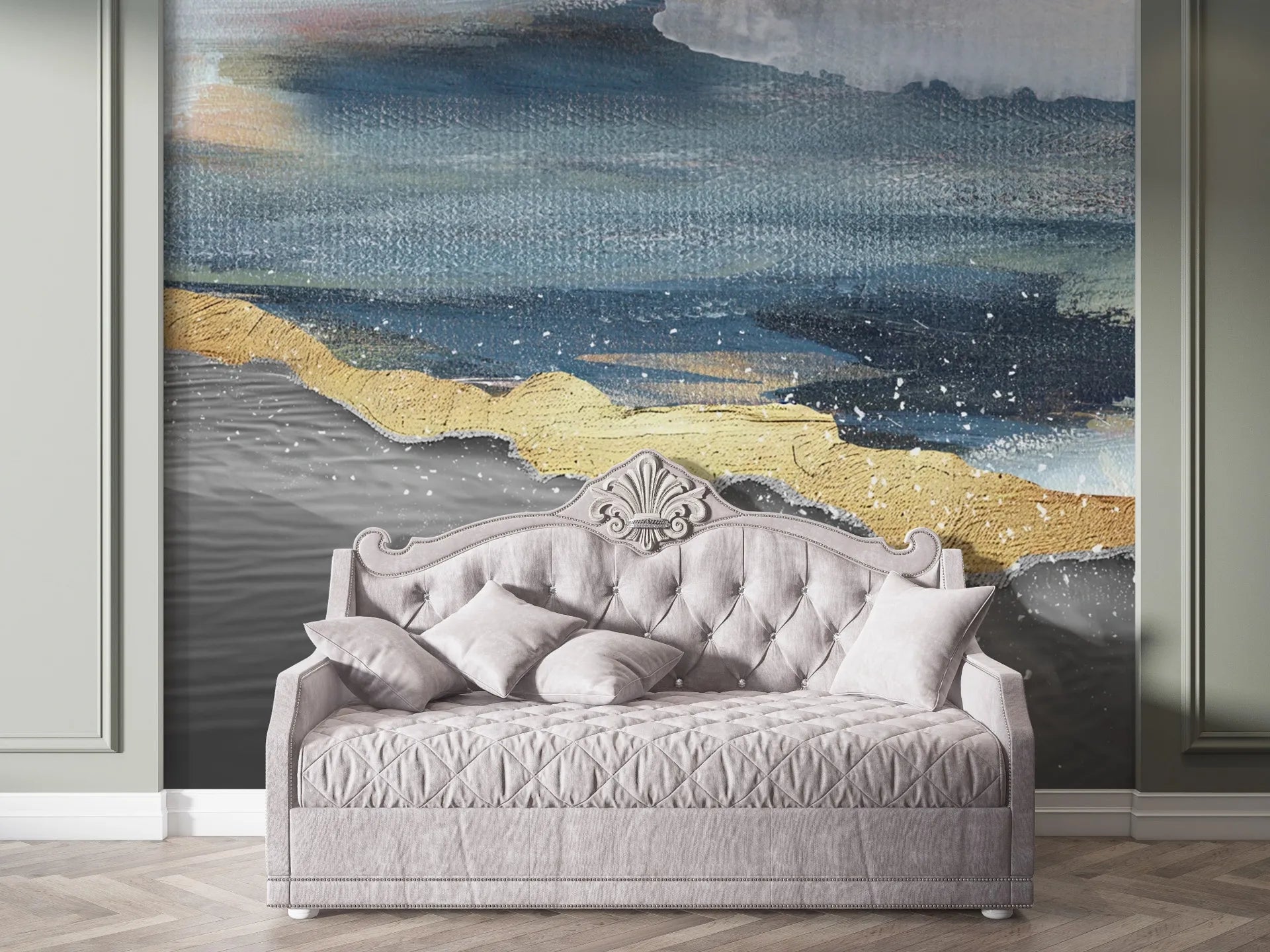 Landscape Gold abstract mural wallpaper with blue ocean waves and golden accents behind elegant daybed
