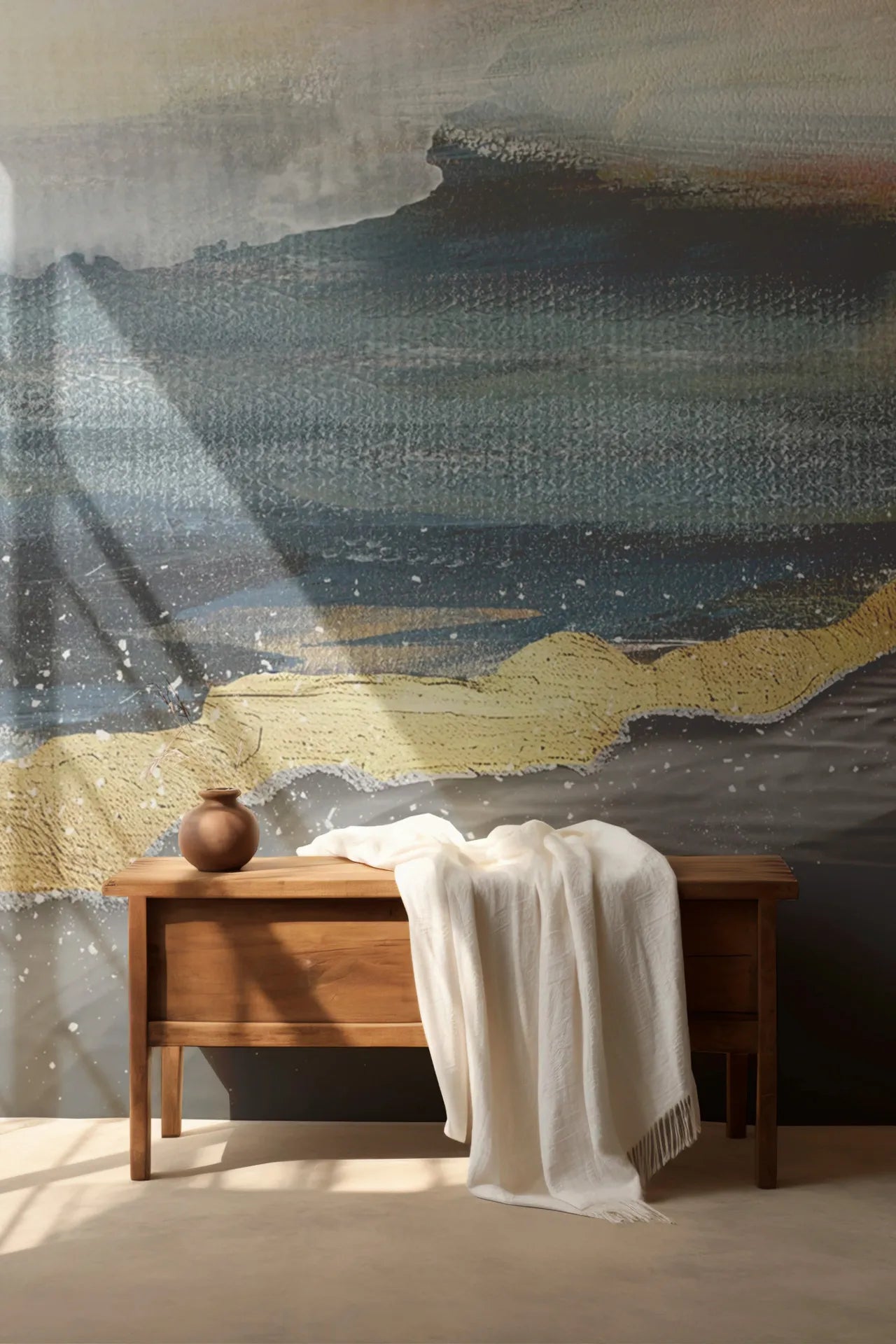 Abstract Landscape Gold wallpaper with navy blue mountains and golden brushstrokes in modern living room