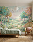 Whimsical Lantern Wood mural wallpaper featuring pastel forest scene with hanging lanterns in peaceful bedroom setting