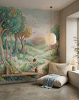 Whimsical Lantern Wood wallpaper featuring enchanted forest scene with glowing trees and pastel wildflowers in reading nook