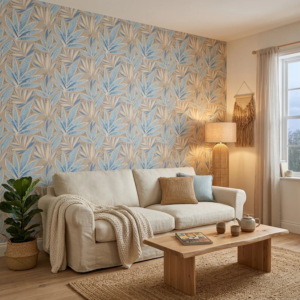Lapis Frond soft blue botanical leaf in a warm and inviting living room