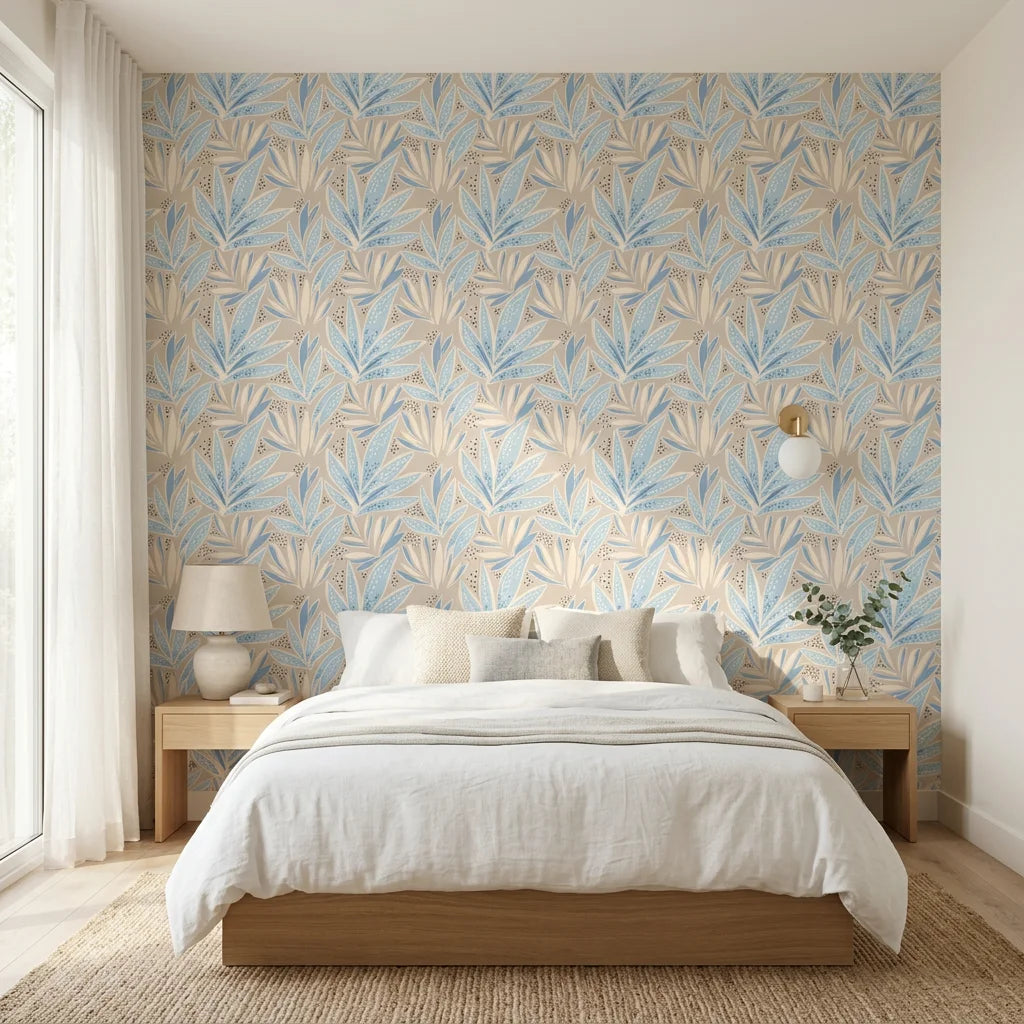 Lapis Frond soft blue botanical leaf adding character to a cozy bedroom