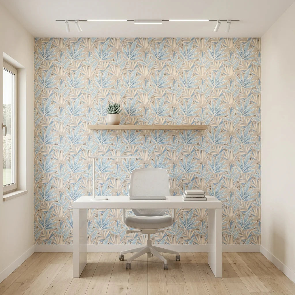 Lapis Frond soft blue botanical leaf as a feature wall in a bright home office