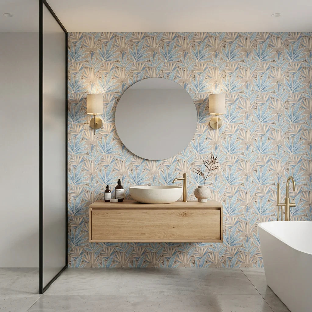 Lapis Frond soft blue botanical leaf creating ambiance in a serene bathroom