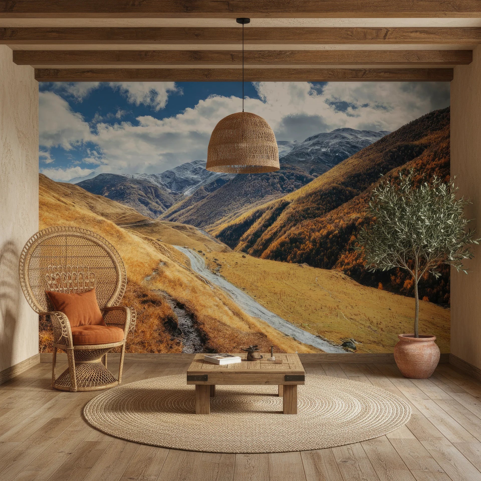 Golden larch forest landscape with autumn richness removable wallpaper