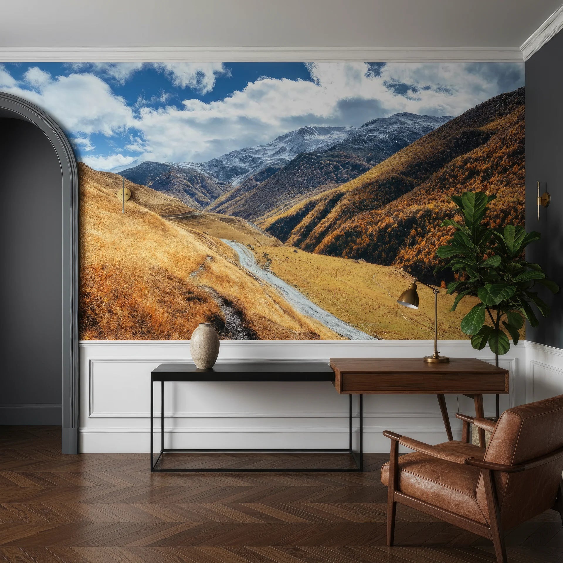 Golden larch woodland with warm seasonal tones removable wall mural