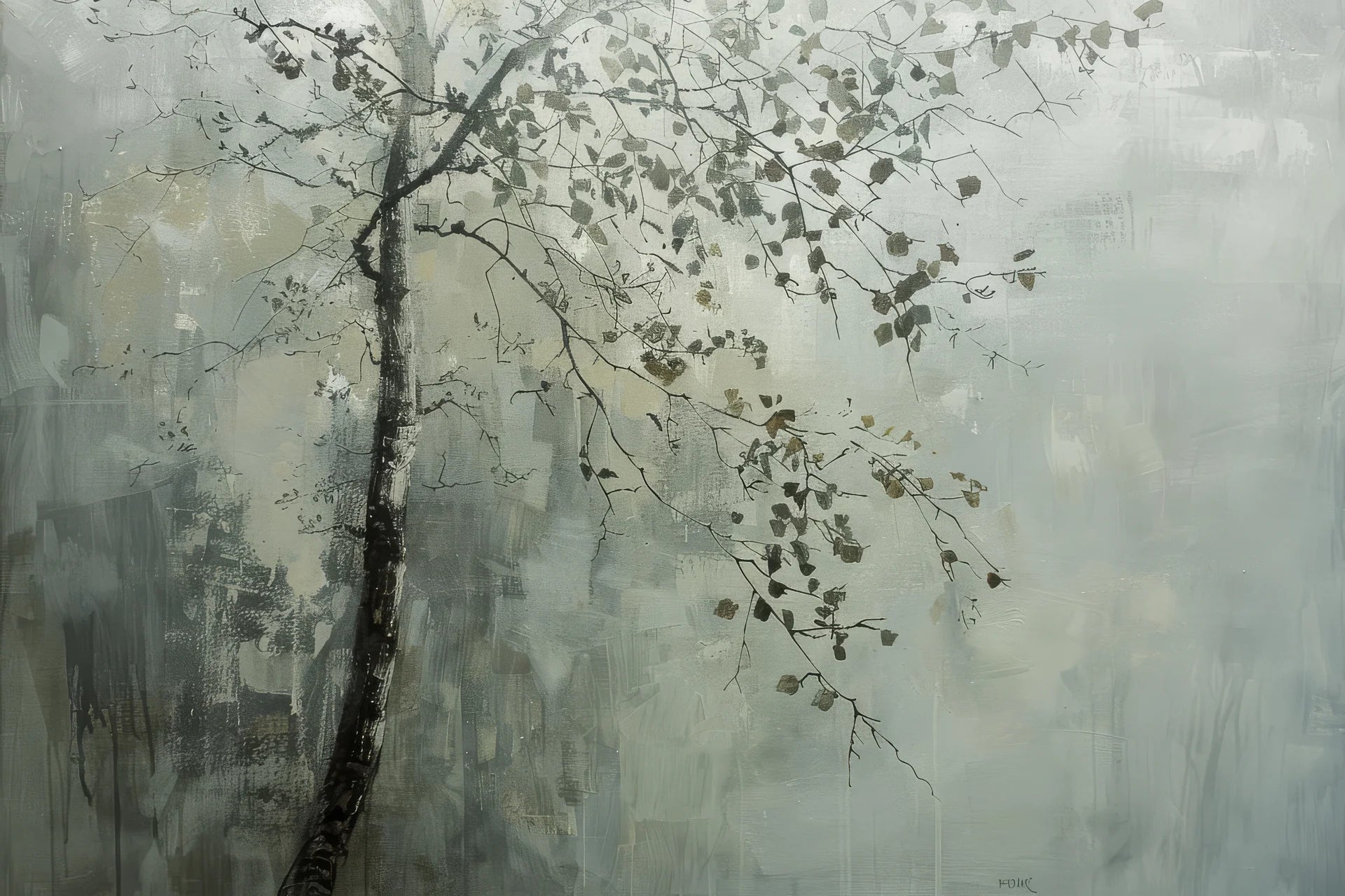 Serene Last Leaves wallpaper featuring watercolor tree branches with olive and gray leaves on misty background