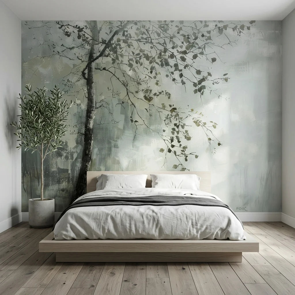 Sage green and gray Last Leaves botanical wallpaper with painted tree branches on minimalist bedroom wall