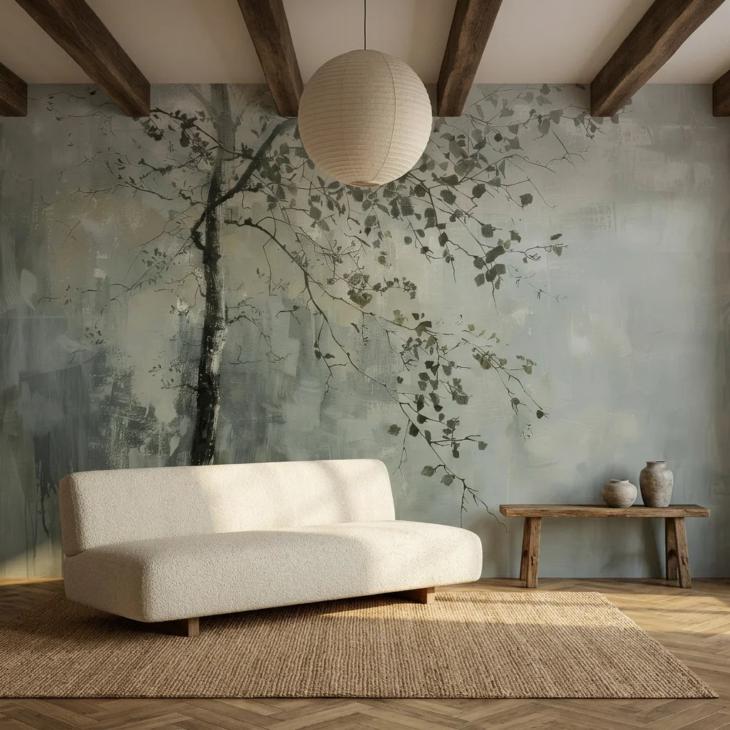 Sage green Last Leaves botanical wallpaper with delicate branch motifs in modern living room