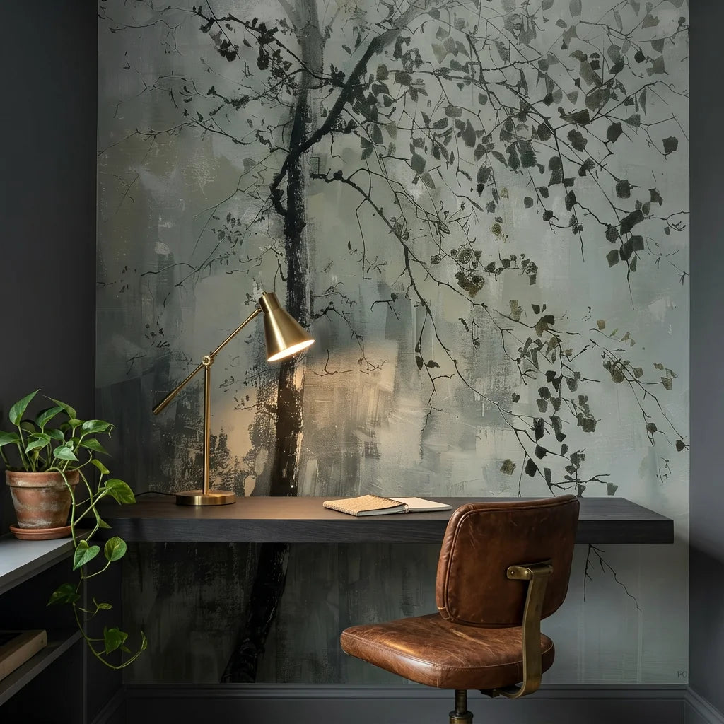 Last Leaves removable wallpaper in modern home office with delicate botanical branches on gray brushstroke background