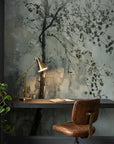Last Leaves removable wallpaper in modern home office with delicate botanical branches on gray brushstroke background