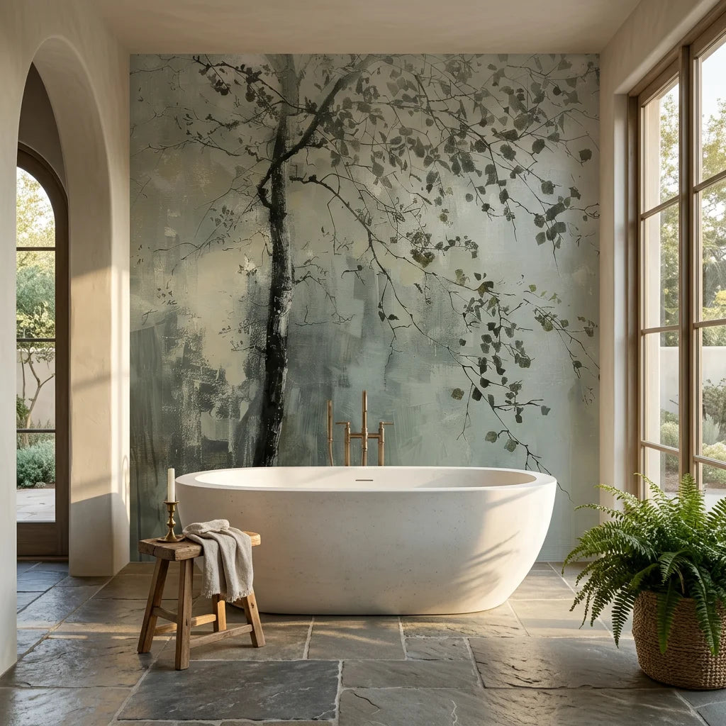 Sage green and cream Last Leaves botanical wallpaper behind freestanding tub in serene spa bathroom