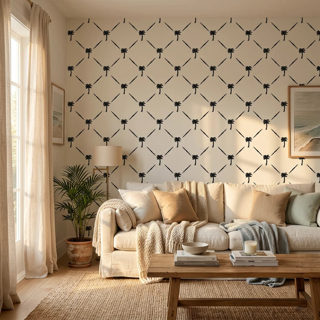Latticed Isle tropical trellis wallpaper in a warm and inviting living room