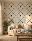 Latticed Isle tropical trellis wallpaper in a warm and inviting living room