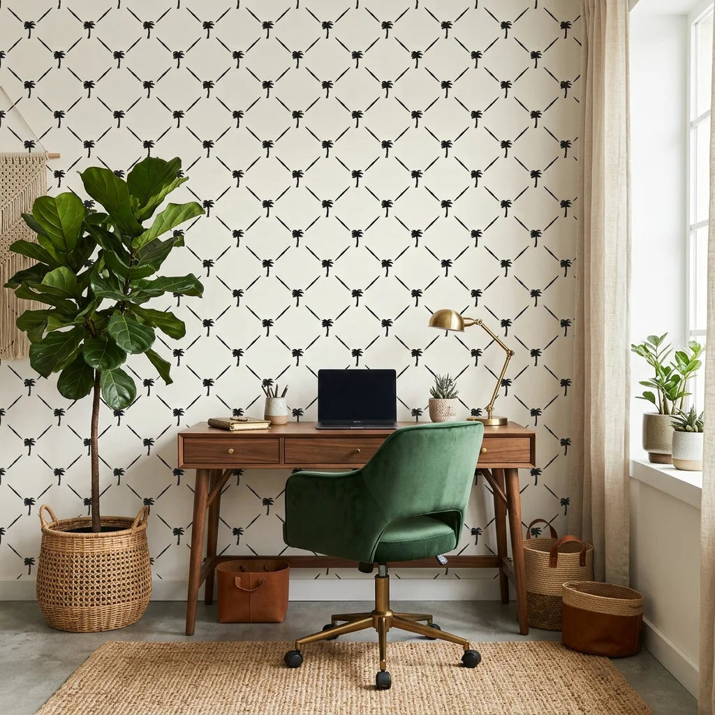 Latticed Isle tropical trellis wallpaper as a feature wall in a bright home office