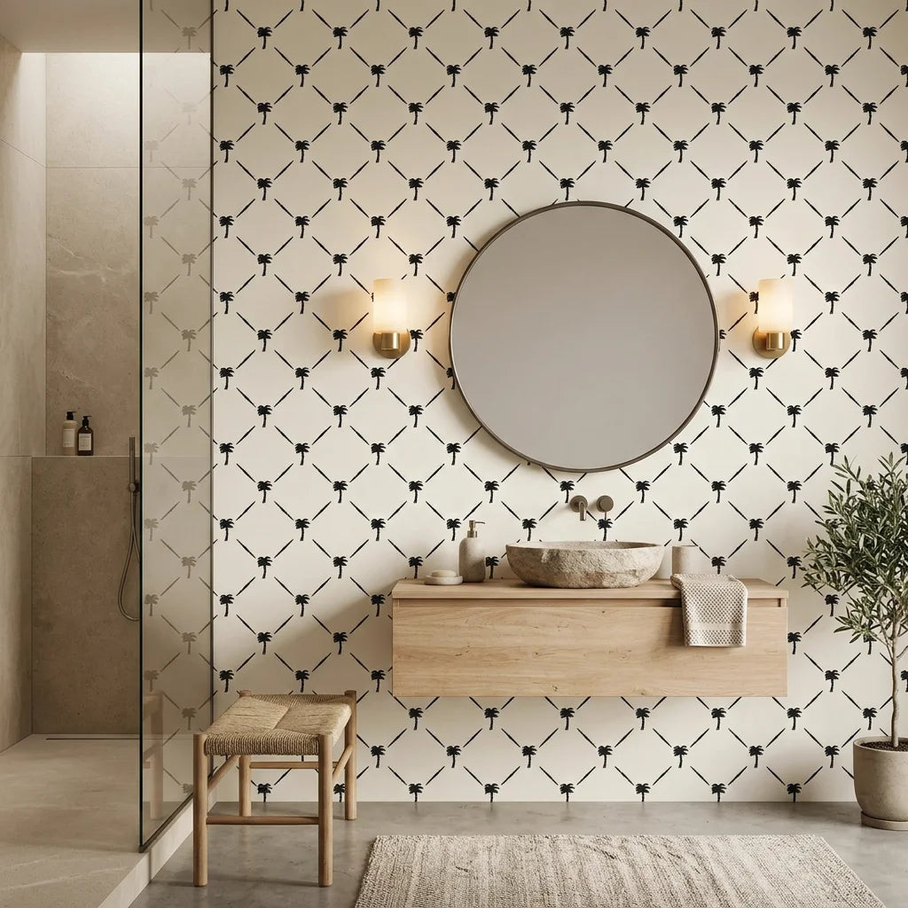 Latticed Isle tropical trellis wallpaper creating ambiance in a serene bathroom