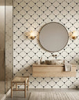 Latticed Isle tropical trellis wallpaper creating ambiance in a serene bathroom