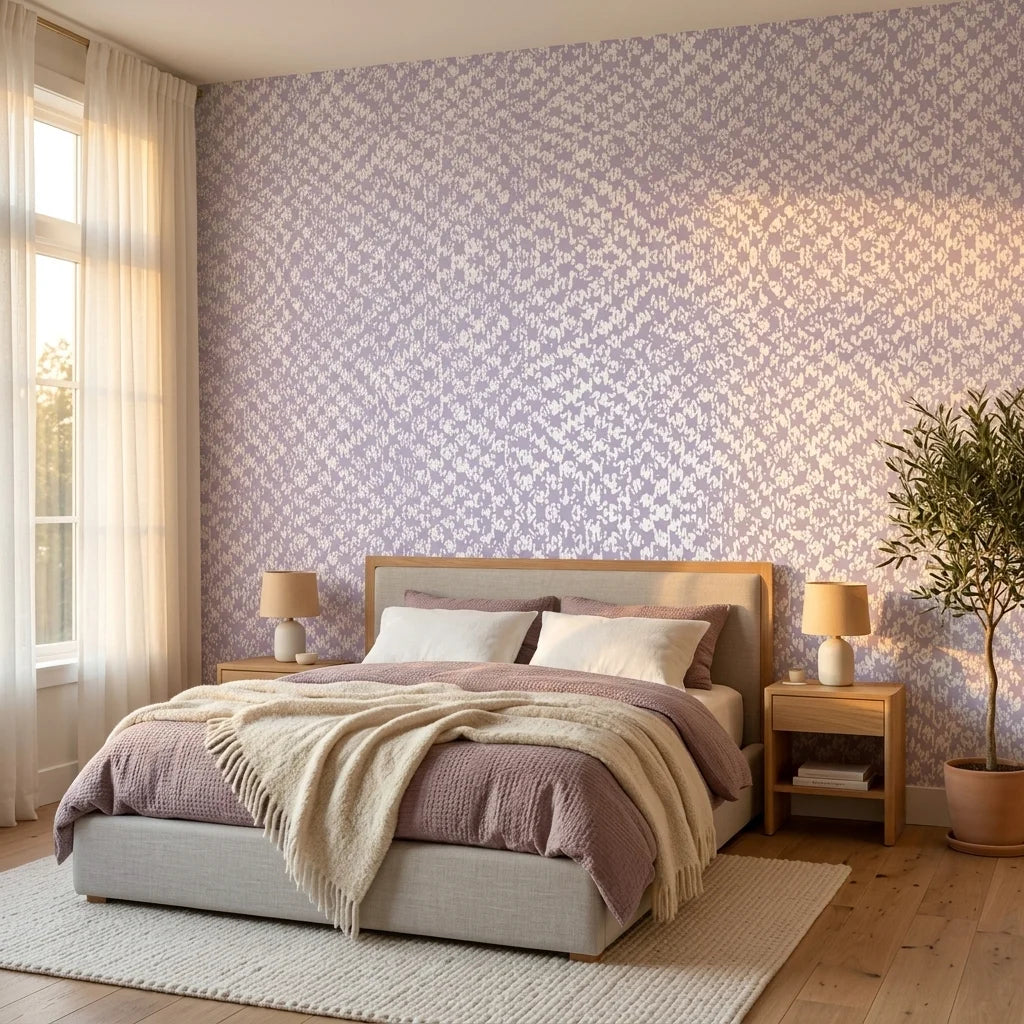 Lavender Drift lilac abstract peel and stick wallpaper in a warm and inviting living room