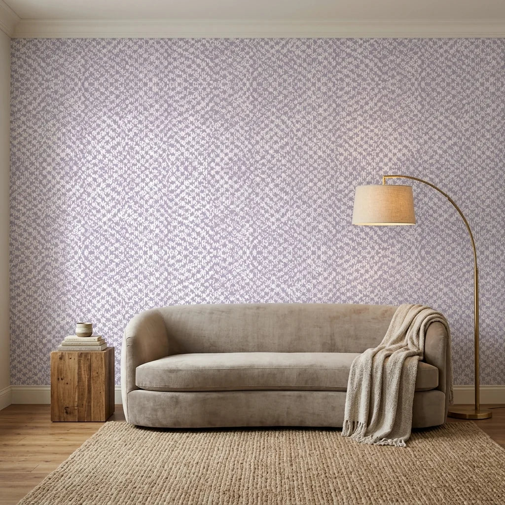 Lavender Drift lilac abstract peel and stick wallpaper adding character to a cozy bedroom