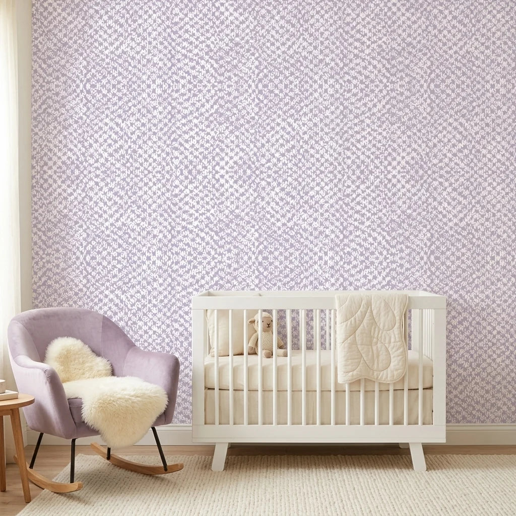 Lavender Drift lilac abstract peel and stick wallpaper as a feature wall in a bright home office